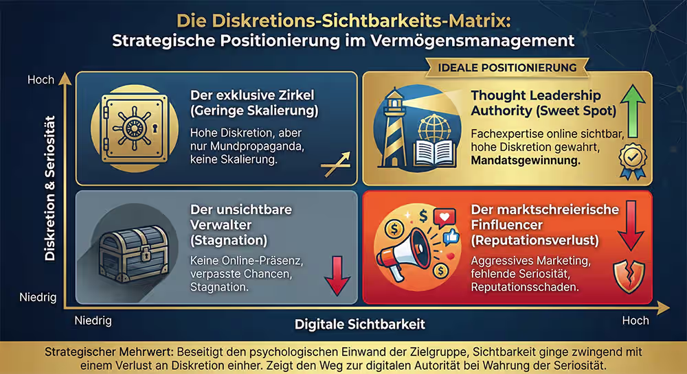 Matrix zur Positionierung für Vermögensverwalter zwischen digitaler Sichtbarkeit, Diskretion und Thought Leadership Authority.