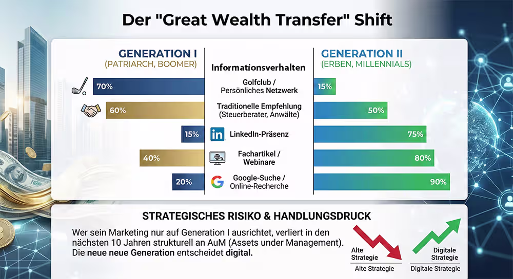 Balkendiagramm Vergleich Informationsverhalten Generation I vs Generation II bei der Auswahl von Vermögensverwaltern und Family Offices.